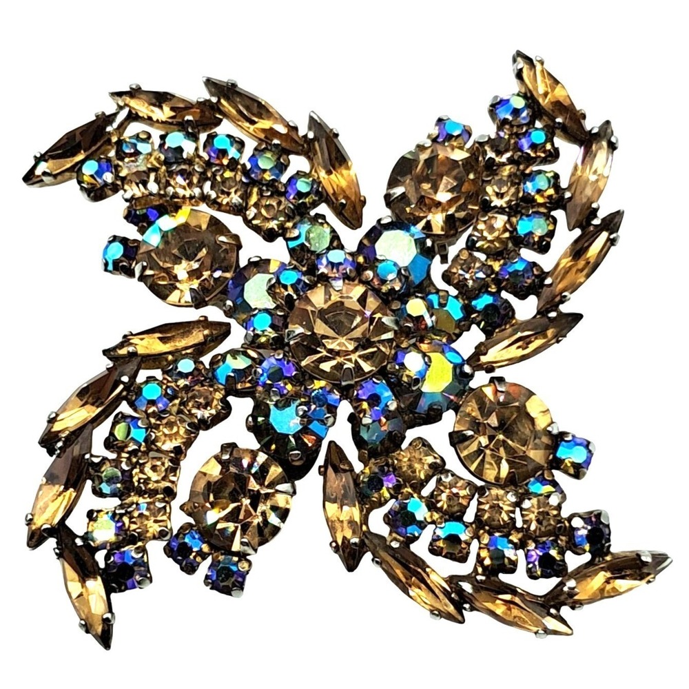 Vintage Beau Geste Brooch Rare HTF Aurora Borealis Topaz Rhinestones‎ Jewelry